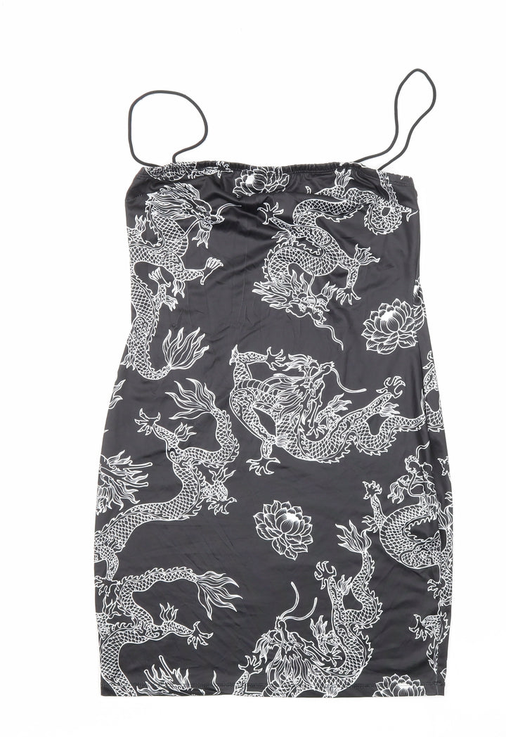 SheIn Womens Black Geometric Polyester Bodycon Size S Square Neck Pullover - Dragon Print