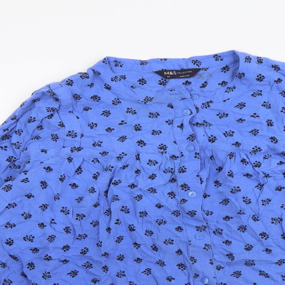 Marks and Spencer Womens Blue Floral Viscose Basic Button-Up Size 14 Round Neck