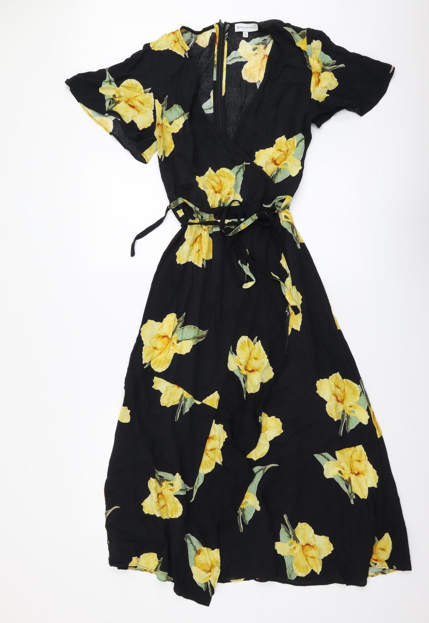 Warehouse Womens Black Floral Viscose A-Line Size 10 V-Neck Zip