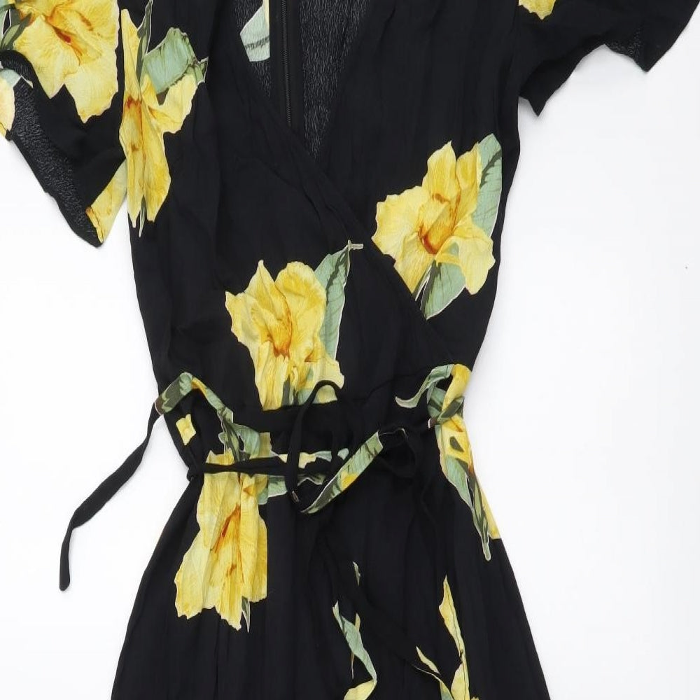 Warehouse Womens Black Floral Viscose A-Line Size 10 V-Neck Zip