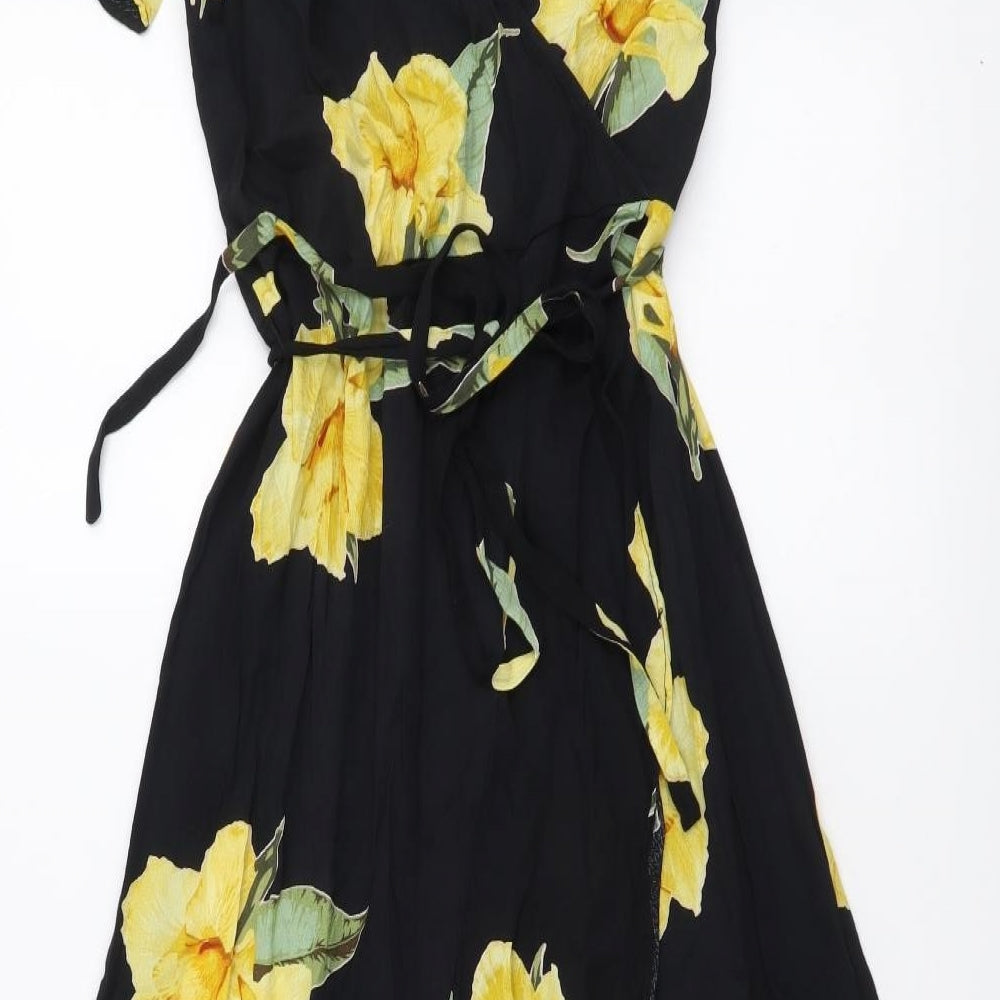 Warehouse Womens Black Floral Viscose A-Line Size 10 V-Neck Zip