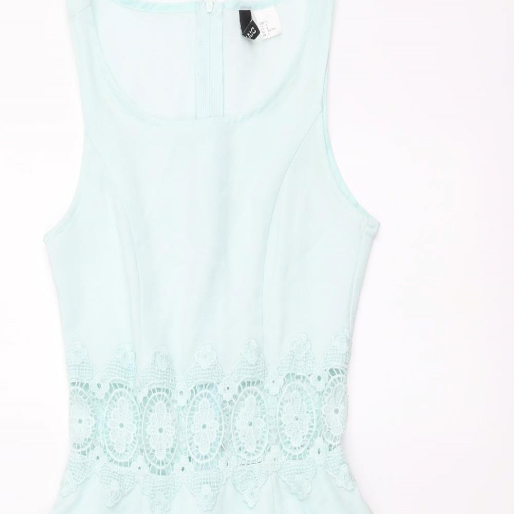 H&M Womens Green Polyester Mini Size 2XS Round Neck Zip - Crochet Detail