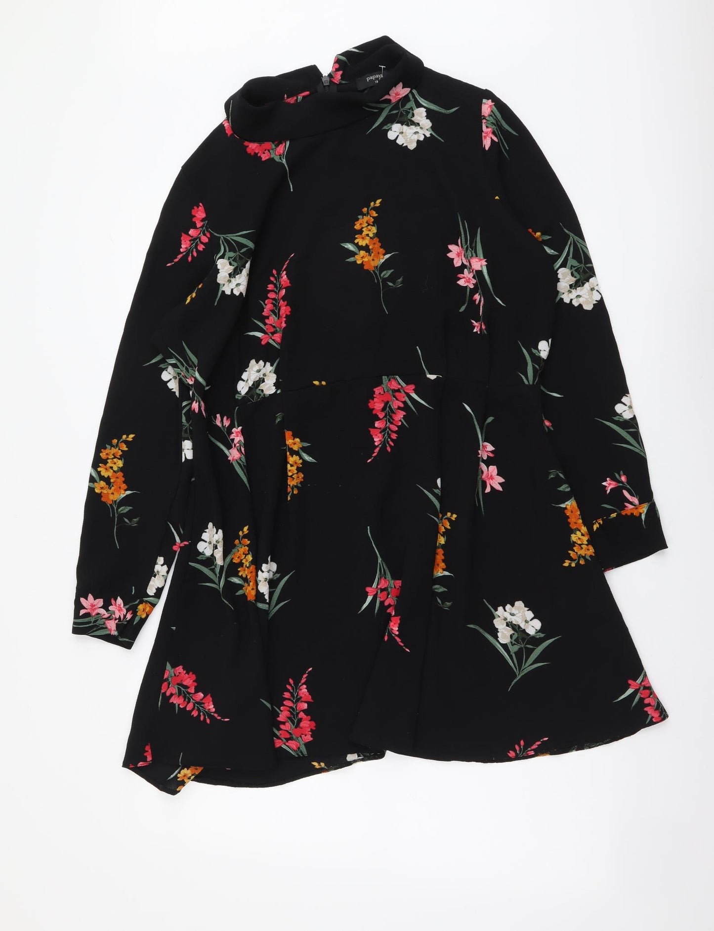 Papaya Womens Black Floral Polyester A-Line Size 18 Mock Neck Zip
