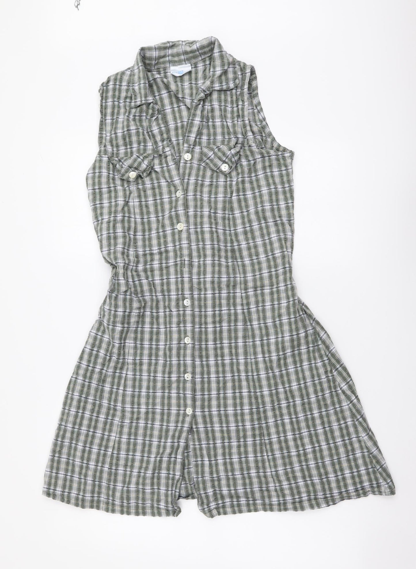 New Look Womens Green Plaid Cotton Shirt Dress Size 12 Collared Button
