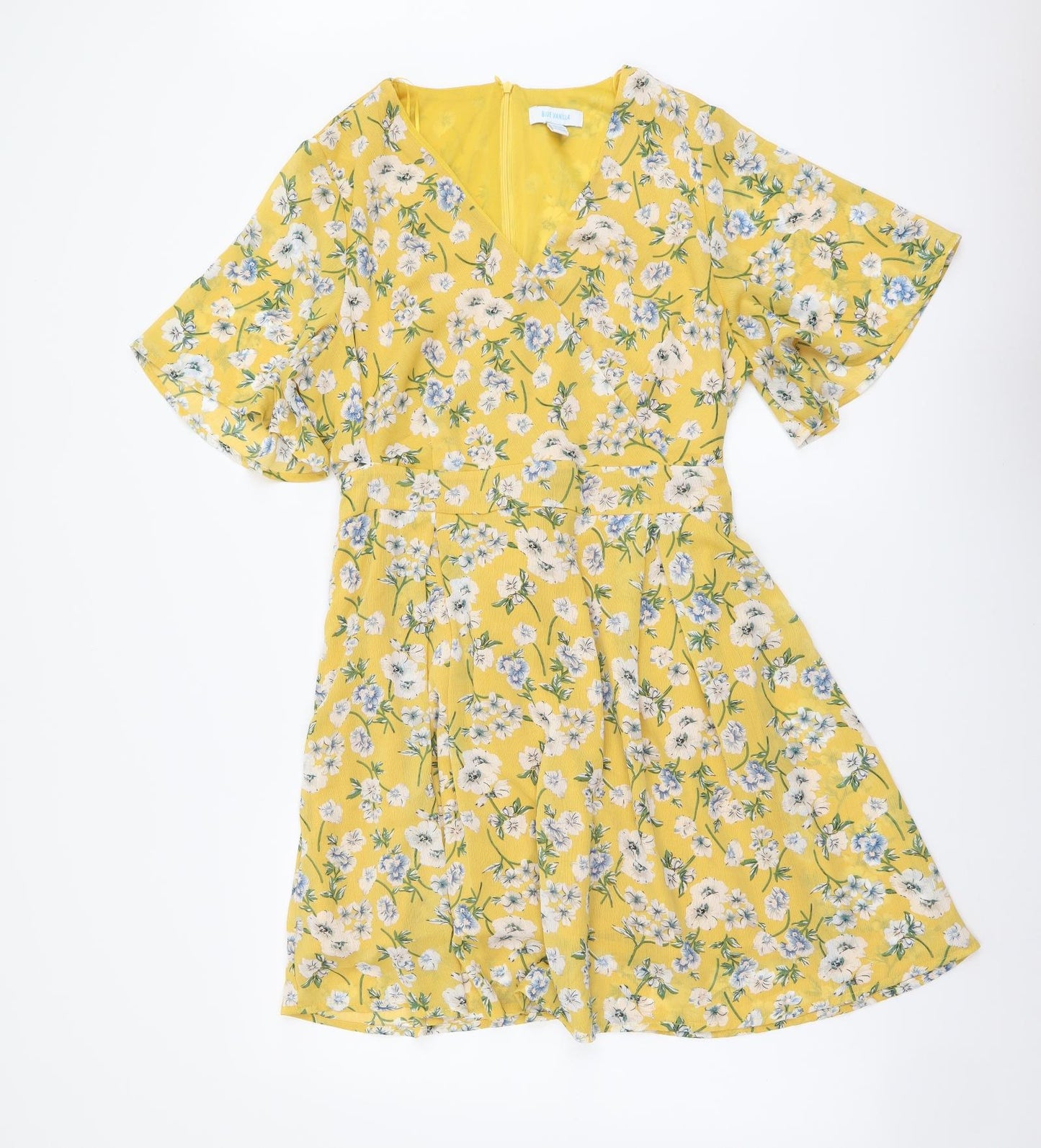 Blue Vanila Womens Yellow Floral Polyester A-Line Size 14 V-Neck Pullover