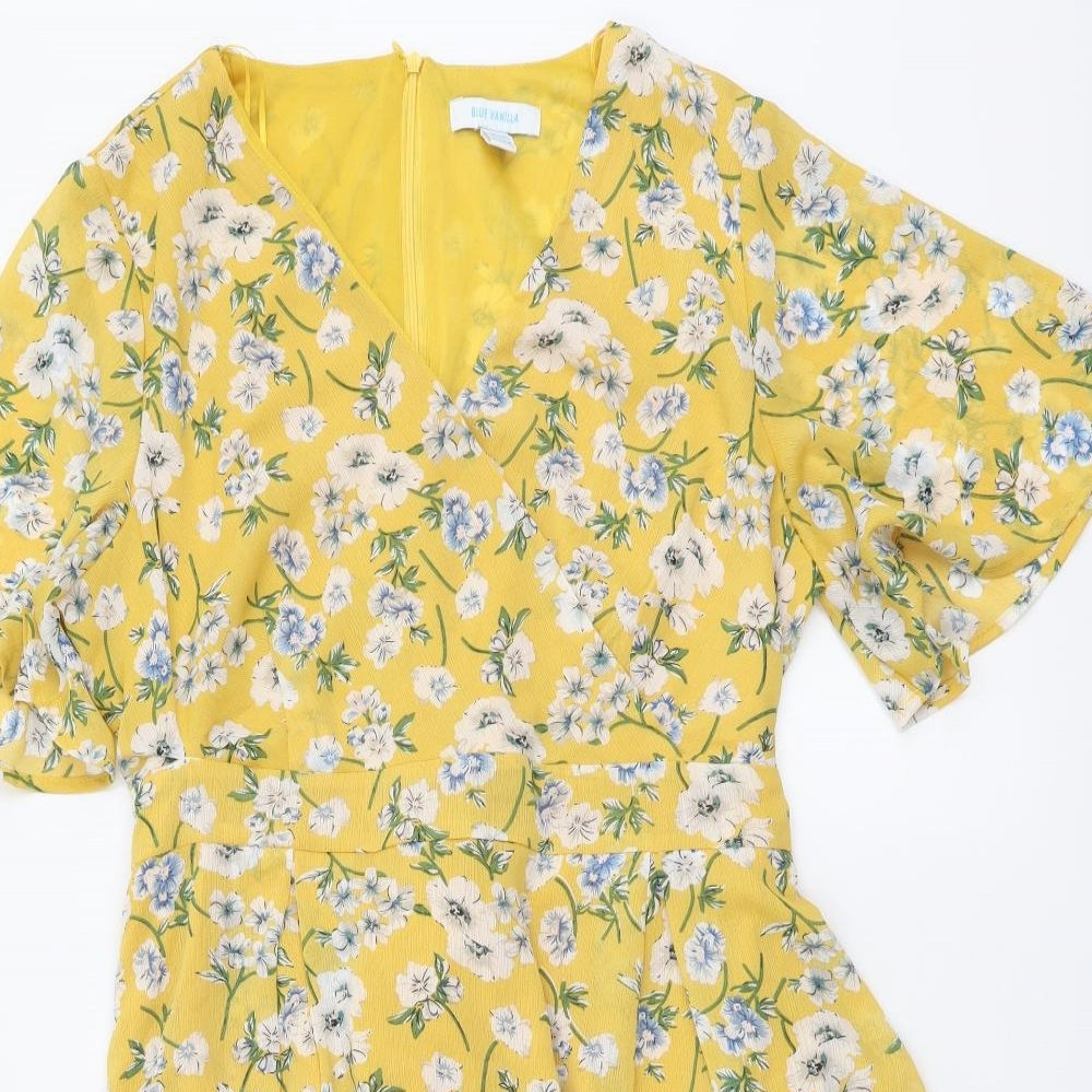 Blue Vanila Womens Yellow Floral Polyester A-Line Size 14 V-Neck Pullover