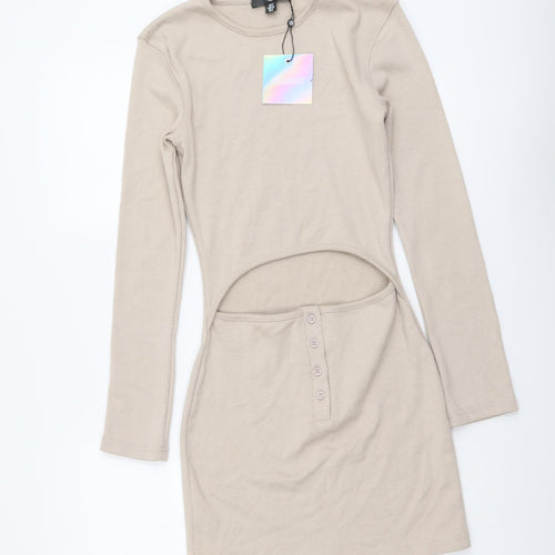 Missguided Womens Beige Cotton Mini Size 6 Round Neck Pullover