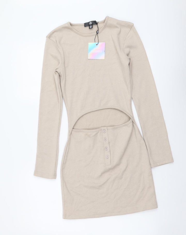 Missguided Womens Beige Cotton Mini Size 6 Round Neck Pullover