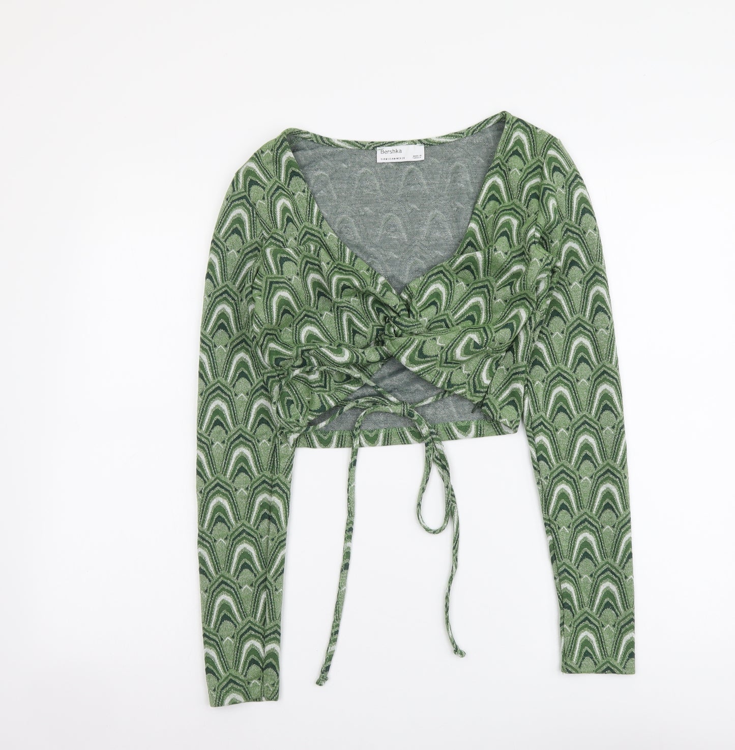 Bershka Womens Green Geometric Polyester Cropped Blouse Size M V-Neck