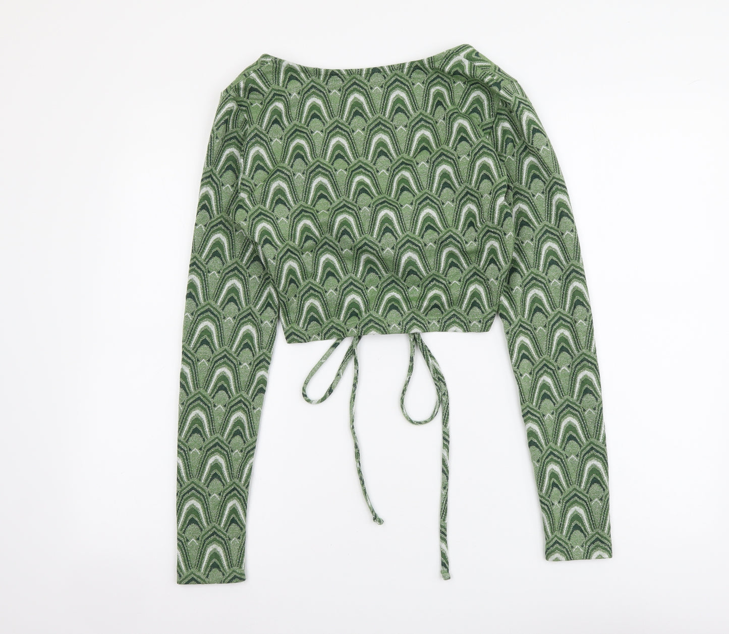 Bershka Womens Green Geometric Polyester Cropped Blouse Size M V-Neck