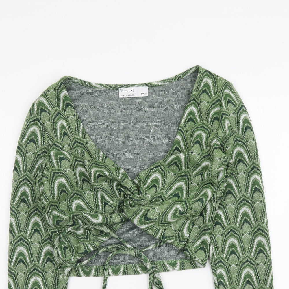Bershka Womens Green Geometric Polyester Cropped Blouse Size M V-Neck