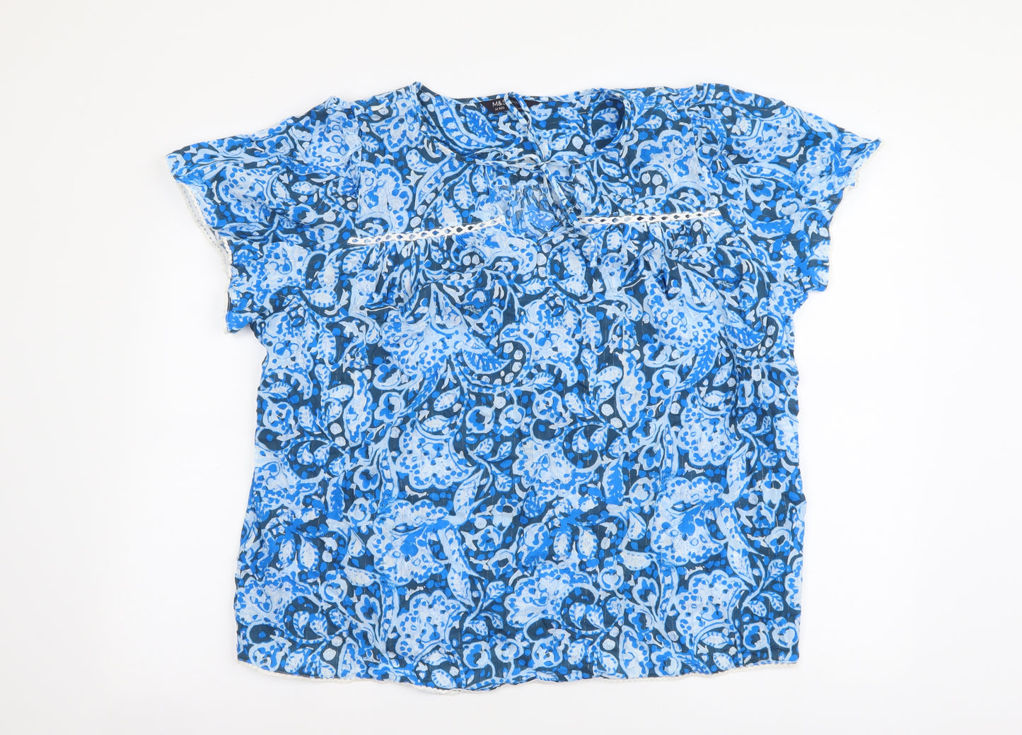 Marks and Spencer Womens Blue Geometric Cotton Basic T-Shirt Size 14 Round Neck