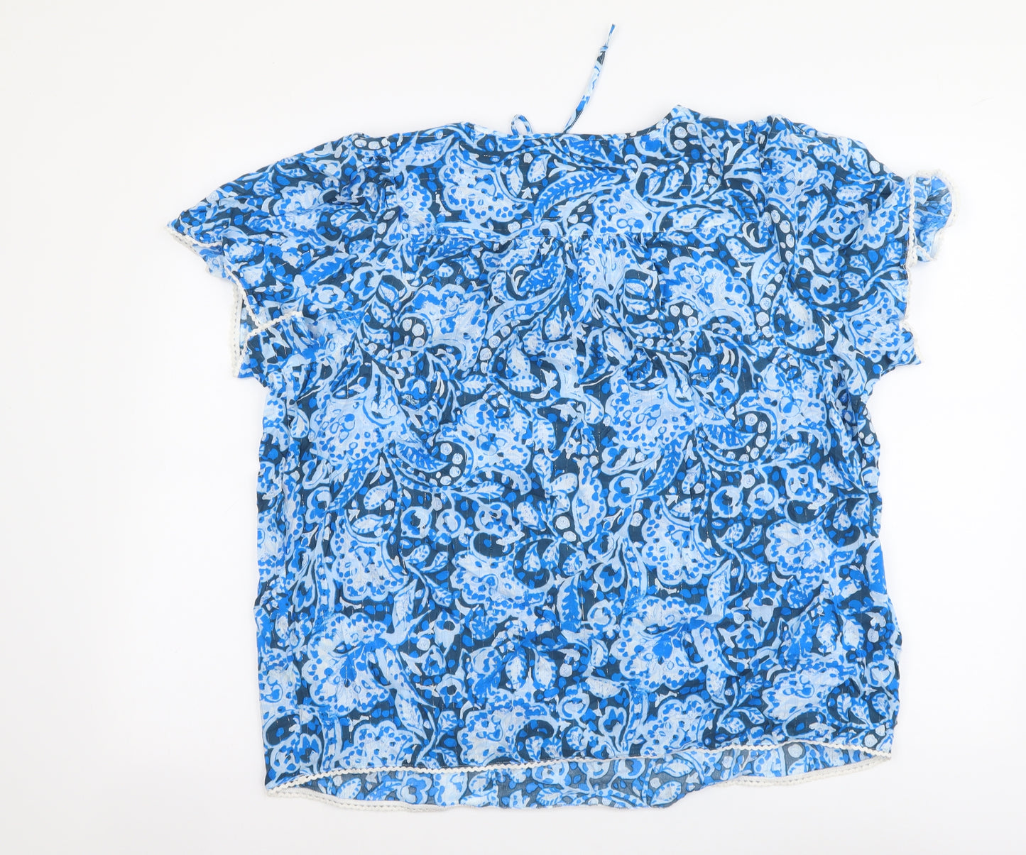 Marks and Spencer Womens Blue Geometric Cotton Basic T-Shirt Size 14 Round Neck