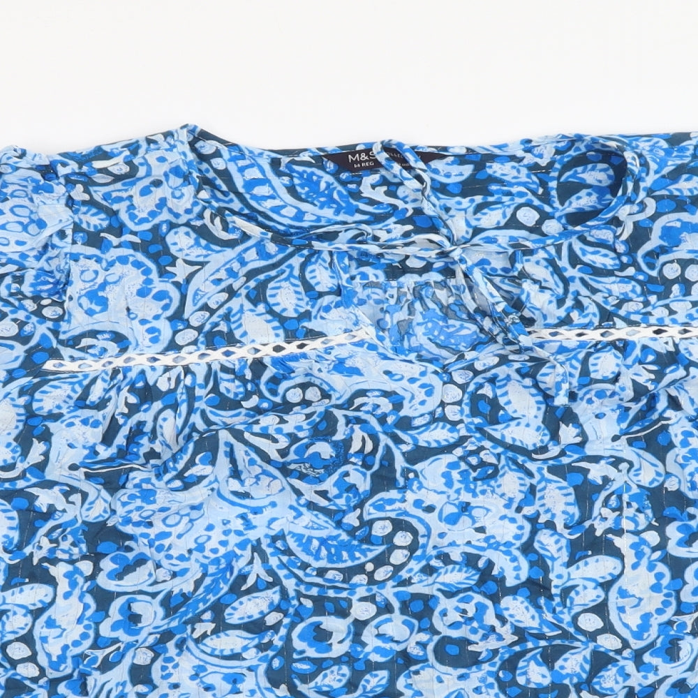 Marks and Spencer Womens Blue Geometric Cotton Basic T-Shirt Size 14 Round Neck