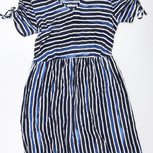 TU Womens Blue Striped Viscose A-Line Size 8 V-Neck Pullover