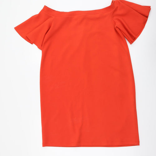 Warehouse Womens Red Polyester T-Shirt Dress Size 12 Off the Shoulder Pullover