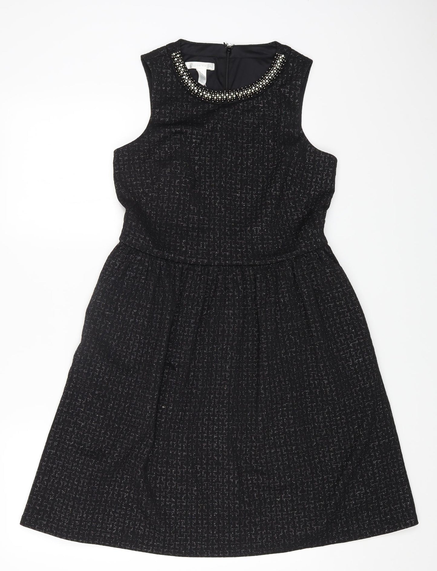 London Times Womens Black Polyester Fit & Flare Size 8 Round Neck Zip