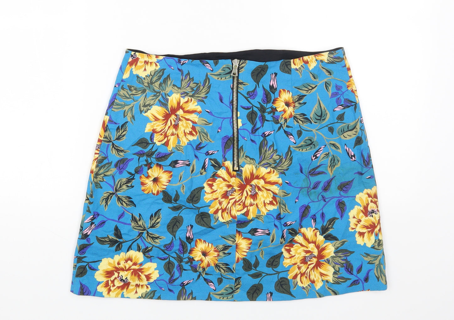 River Island Womens Blue Floral Cotton Mini Skirt Size 10 Zip