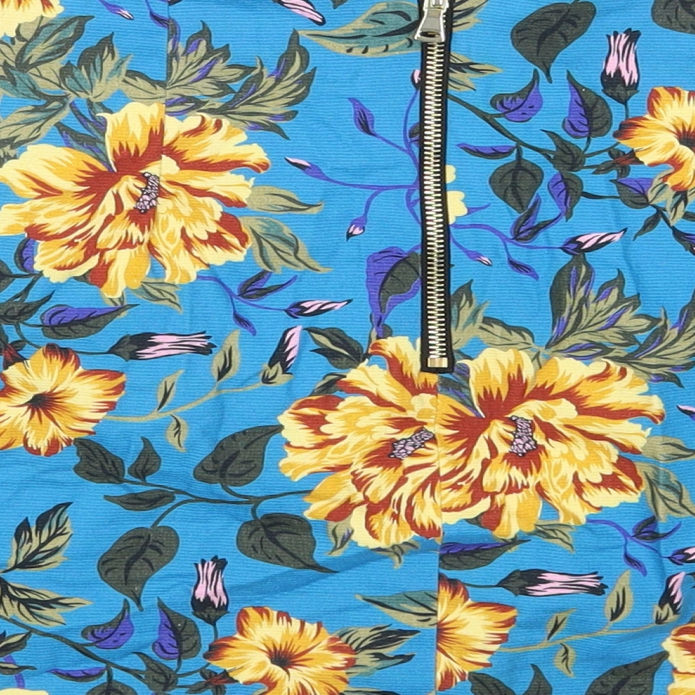 River Island Womens Blue Floral Cotton Mini Skirt Size 10 Zip
