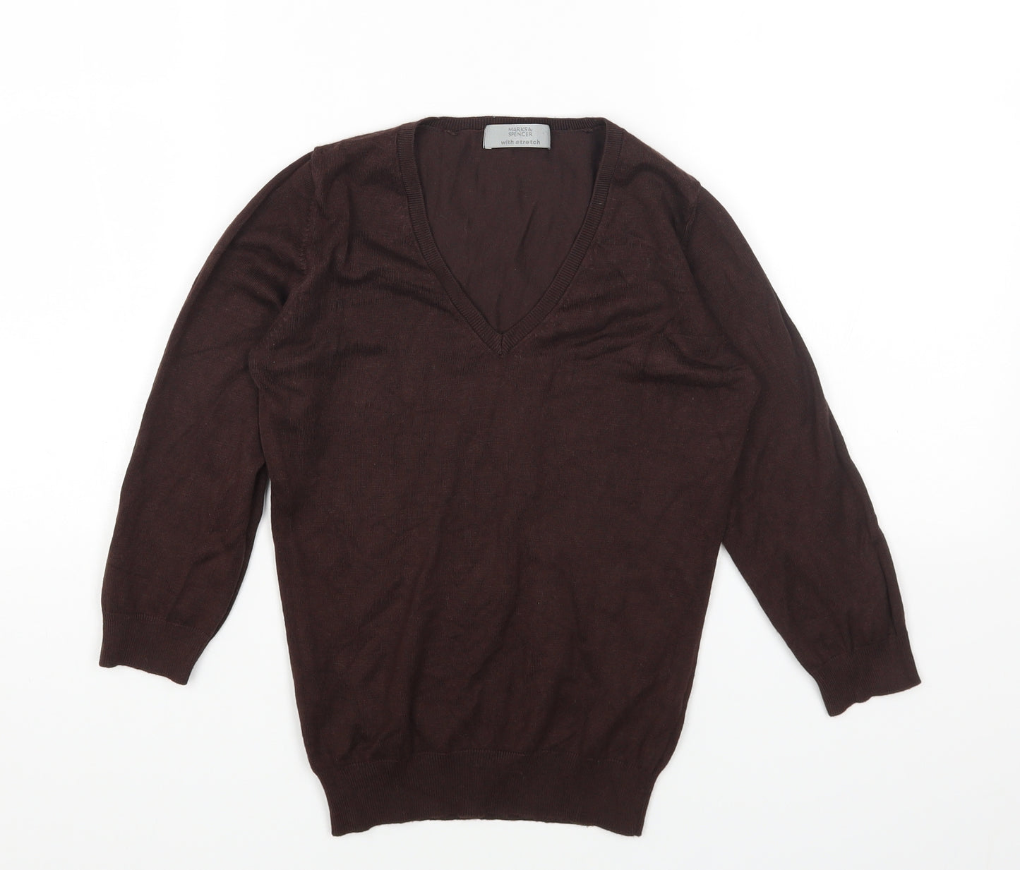 Marks and Spencer Womens Brown V-Neck Viscose Pullover Jumper Size 8
