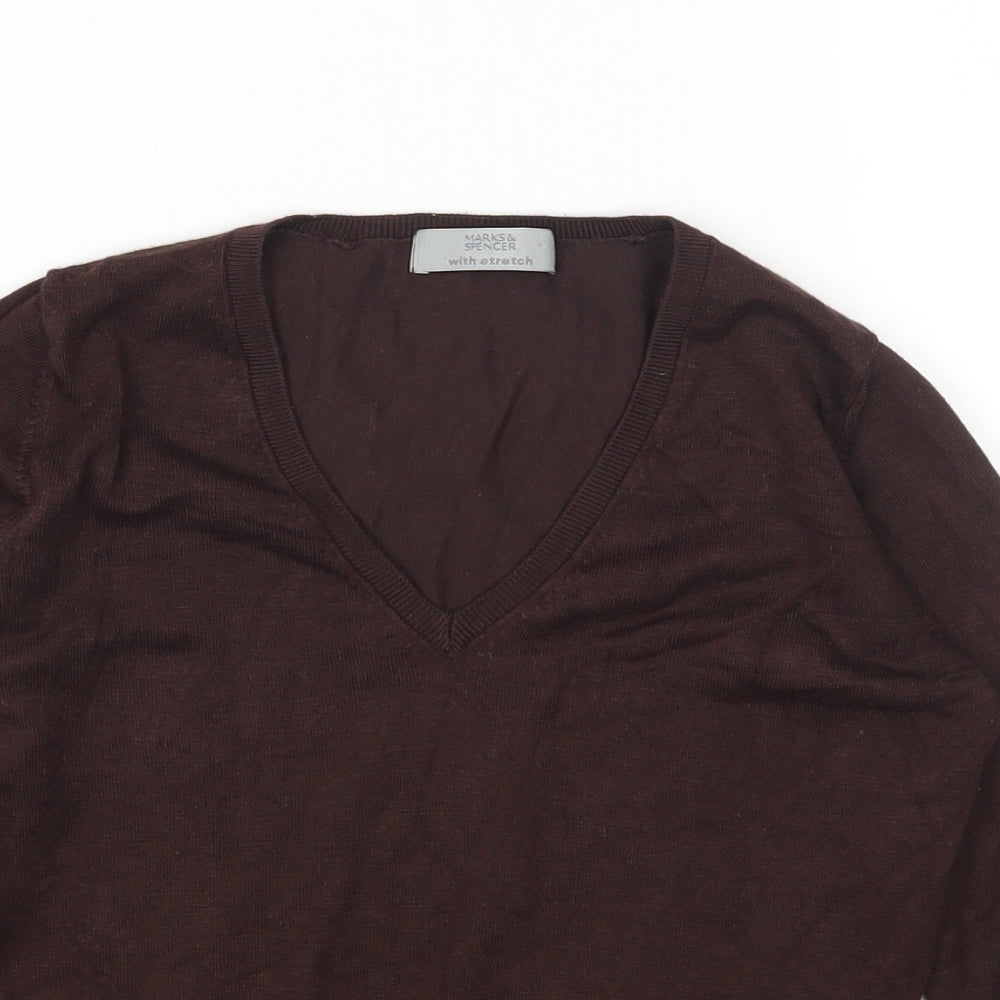 Marks and Spencer Womens Brown V-Neck Viscose Pullover Jumper Size 8
