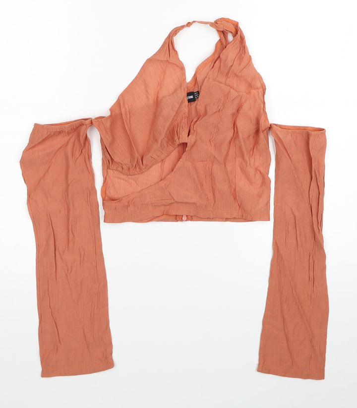 PRETTYLITTLETHING Womens Orange Viscose Cropped Blouse Size 8 V-Neck - Cold Shoulder