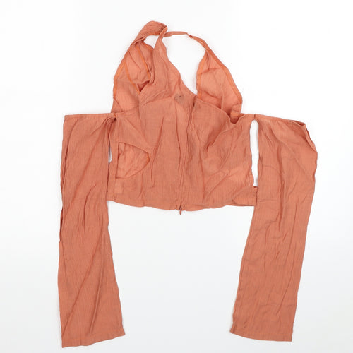 PRETTYLITTLETHING Womens Orange Viscose Cropped Blouse Size 8 V-Neck - Cold Shoulder