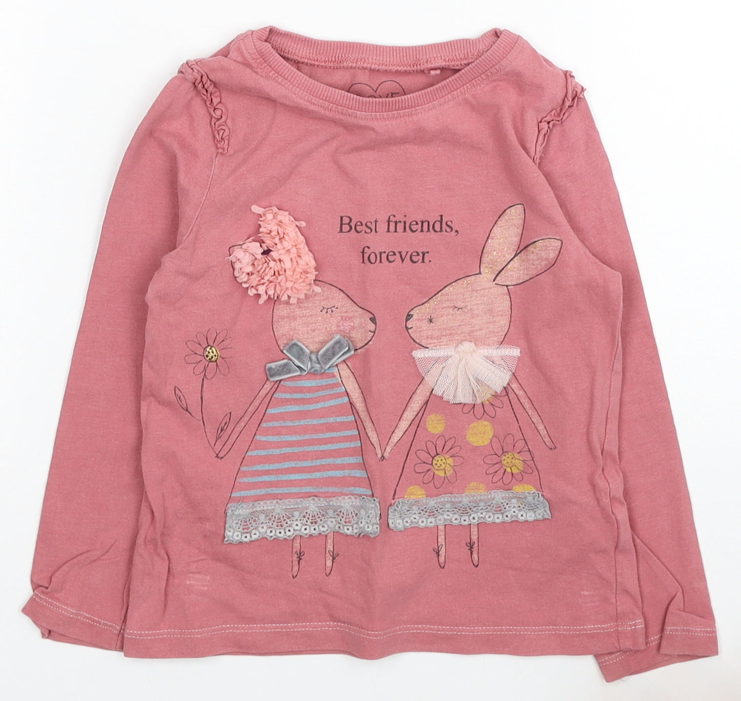 NEXT Girls Pink Cotton Pullover Casual Size 3-4 Years Roll Neck Pullover - Best Friends Forever Bunny Rabbits