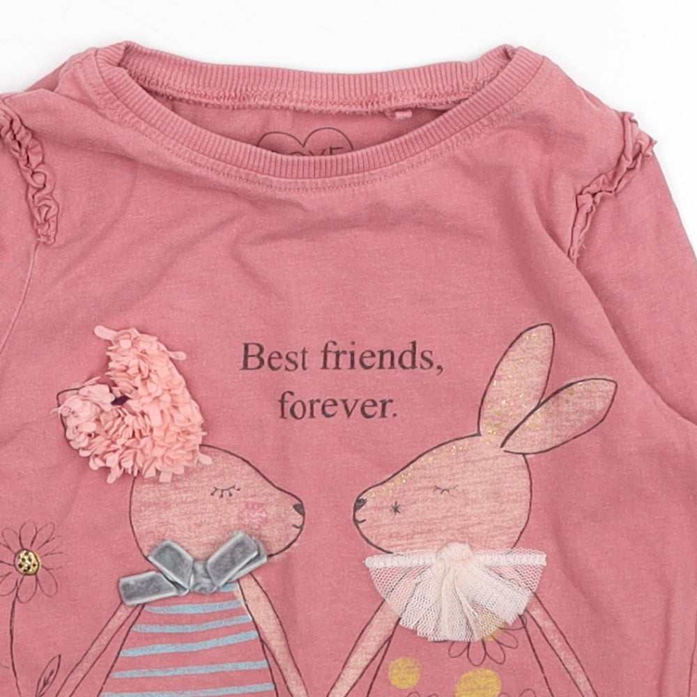 NEXT Girls Pink Cotton Pullover Casual Size 3-4 Years Roll Neck Pullover - Best Friends Forever Bunny Rabbits