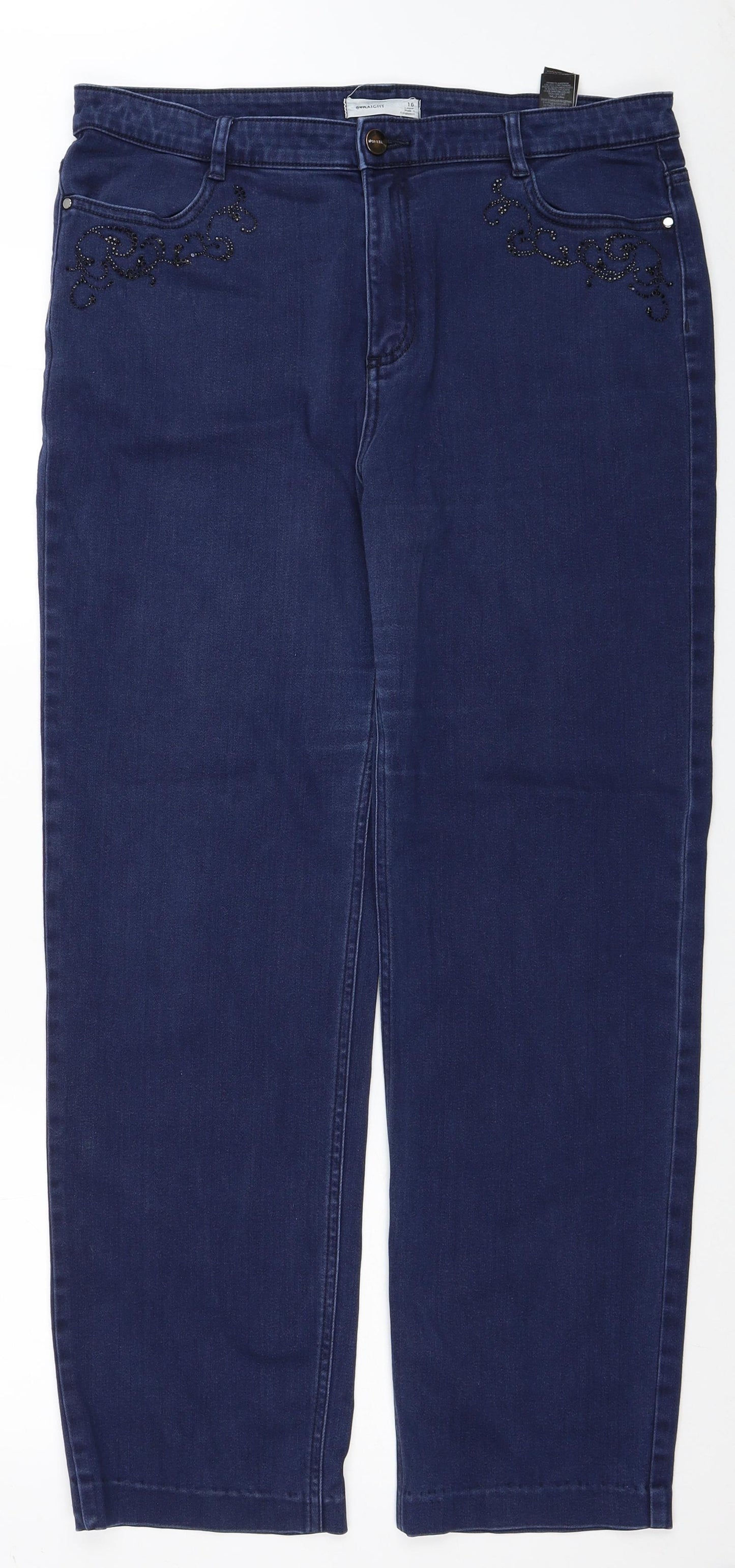 Marks and Spencer Womens Blue Cotton Straight Jeans Size 16 L28 in Regular Zip - Embellished Pockets