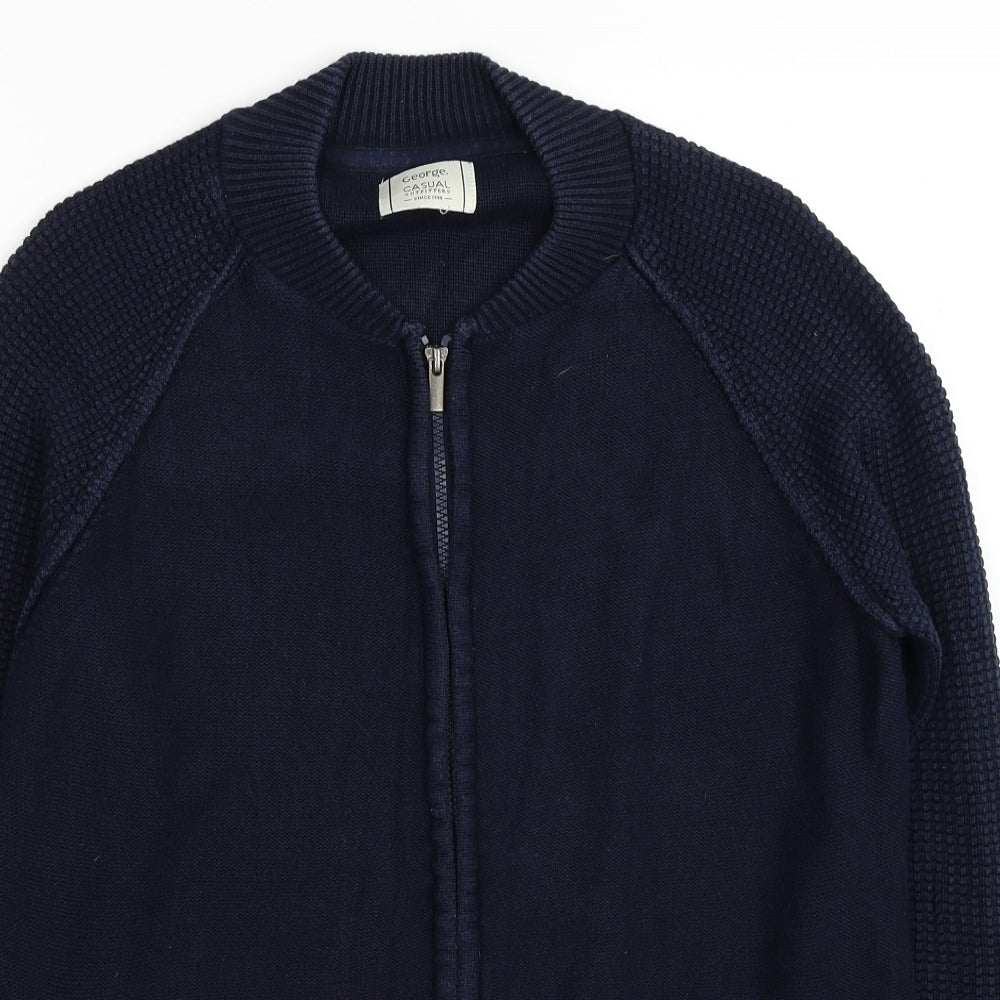 George Mens Blue Round Neck Cotton Full Zip Jumper Size M
