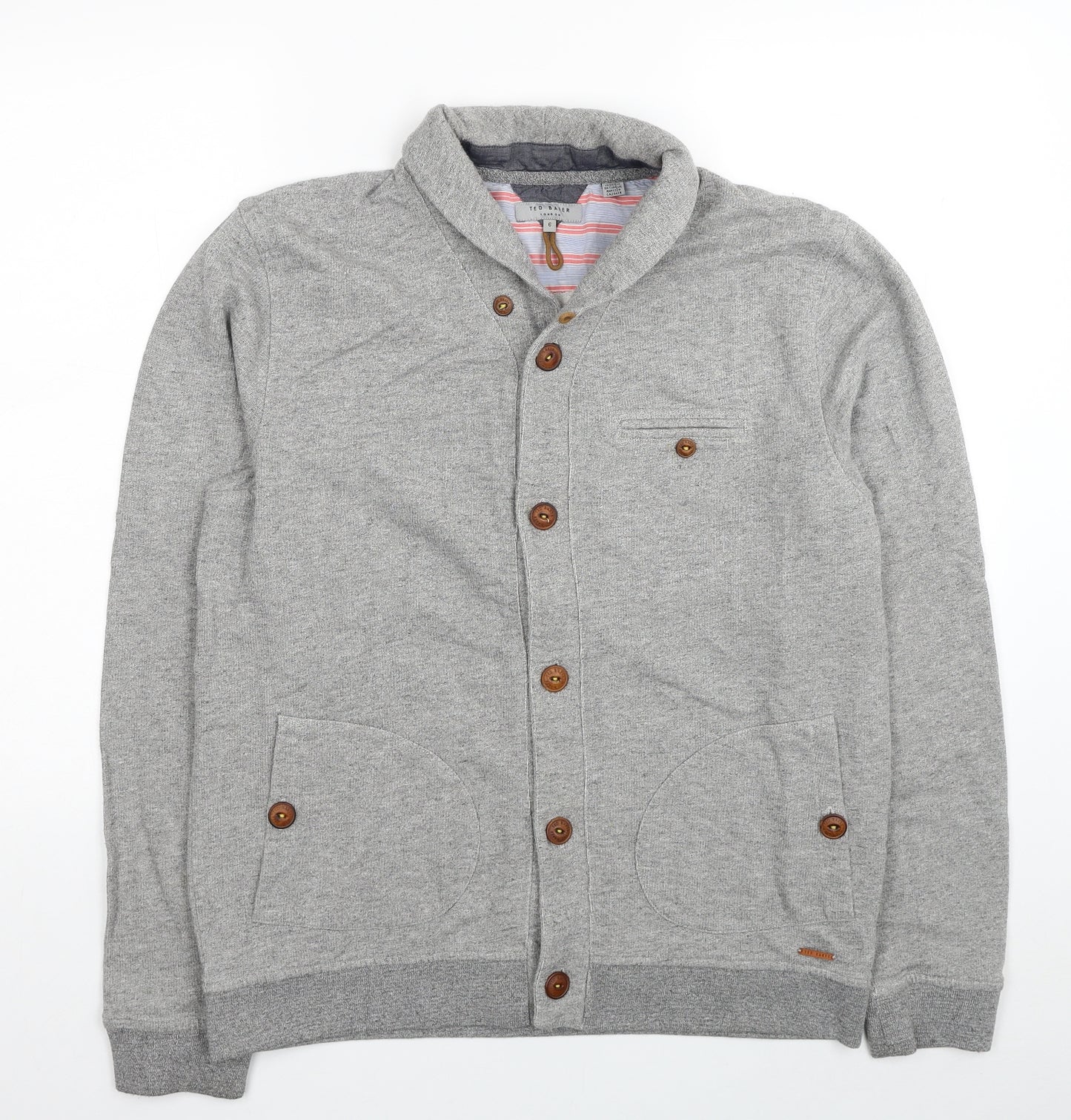 Ted Baker Mens Grey Collared Cotton Cardigan Jumper Size 2XL - Brand Label Size 6