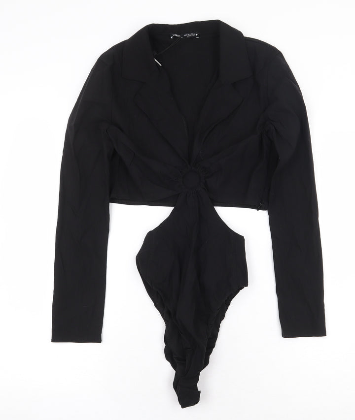 Zara Womens Black Polyester Bodysuit One-Piece Size S Snap