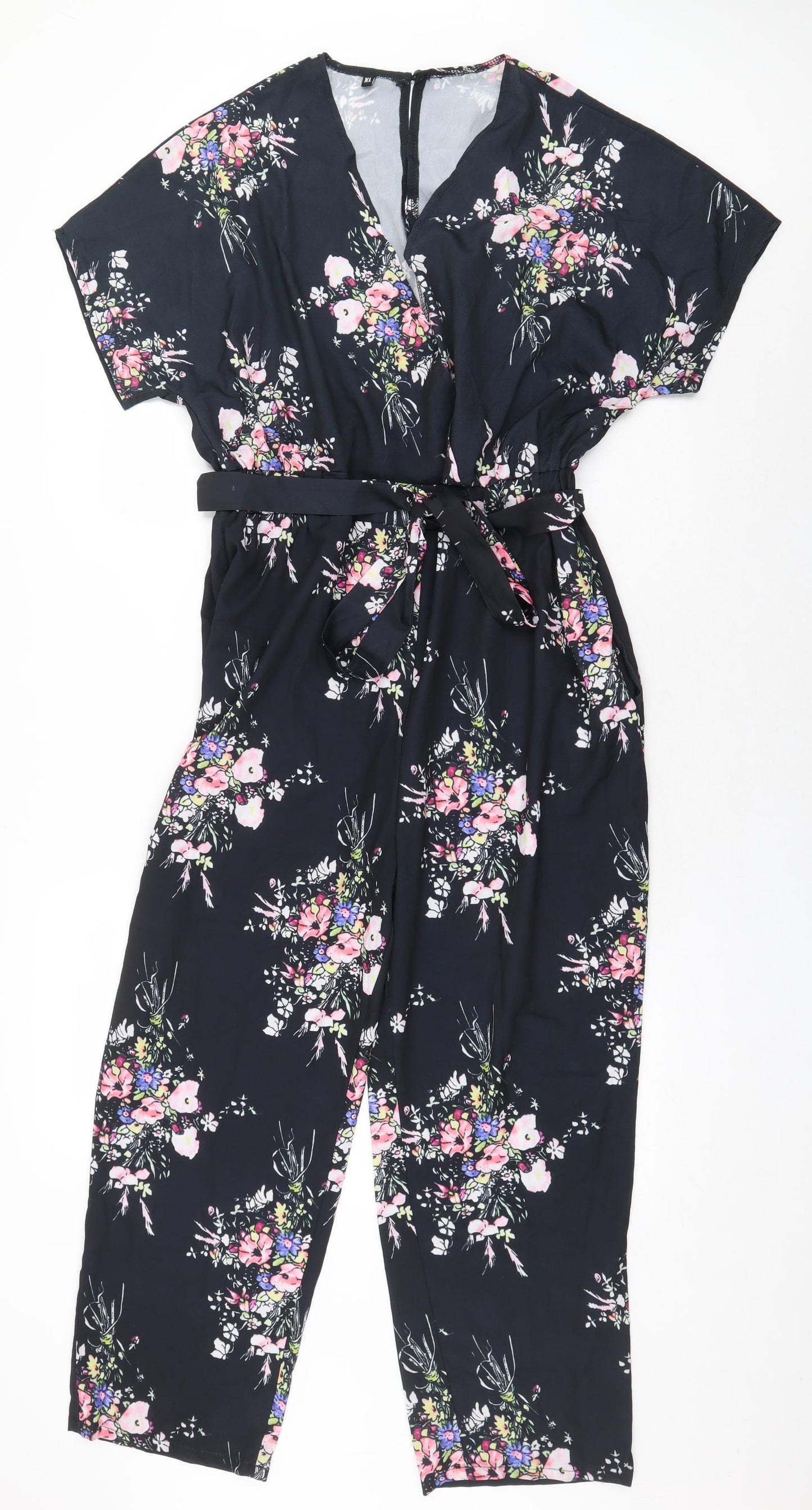 Preworn Womens Black Floral Polyester Jumpsuit One-Piece Size XL Button