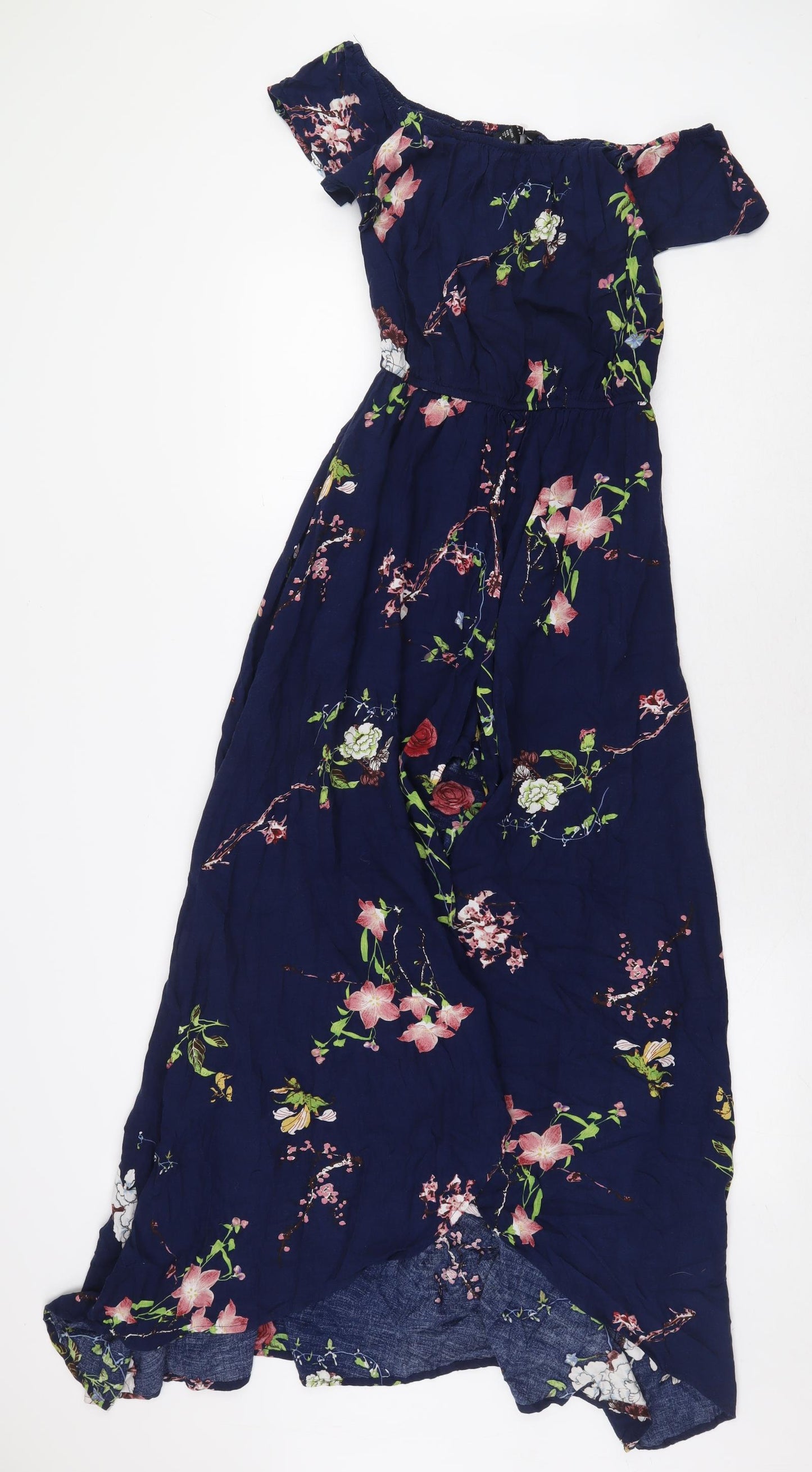 Atmosphere Womens Blue Floral Viscose Maxi Size 10 V-Neck Pullover - Built in Under Short, Front Slit