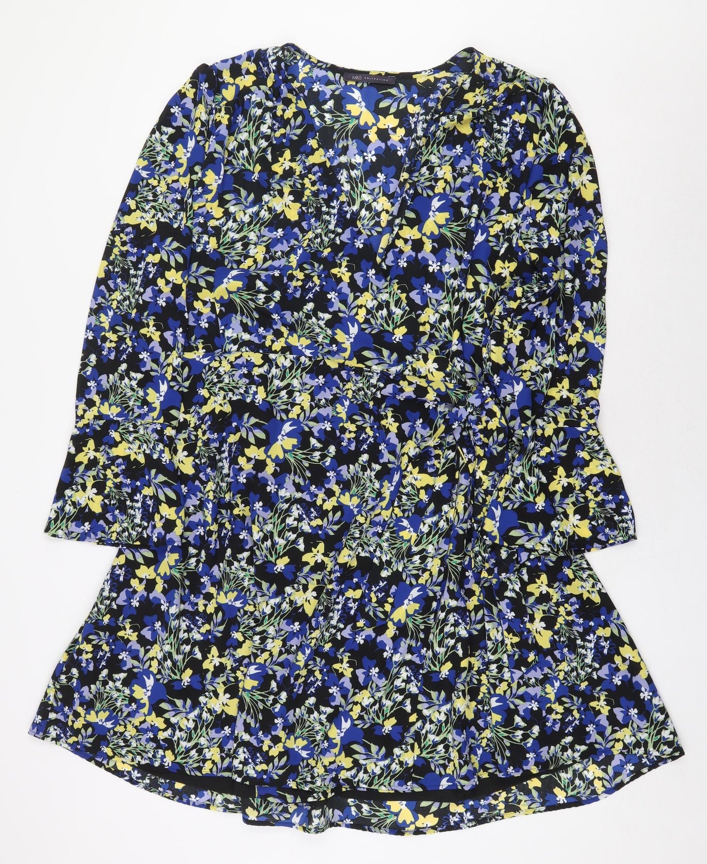 Marks and Spencer Womens Black Floral Polyester Wrap Dress Size 20 V-Neck Tie