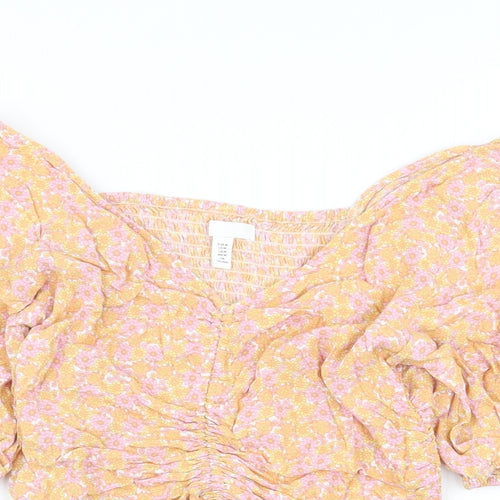 H&M Womens Multicoloured Floral Viscose Cropped Blouse Size M V-Neck - Ruched Detail