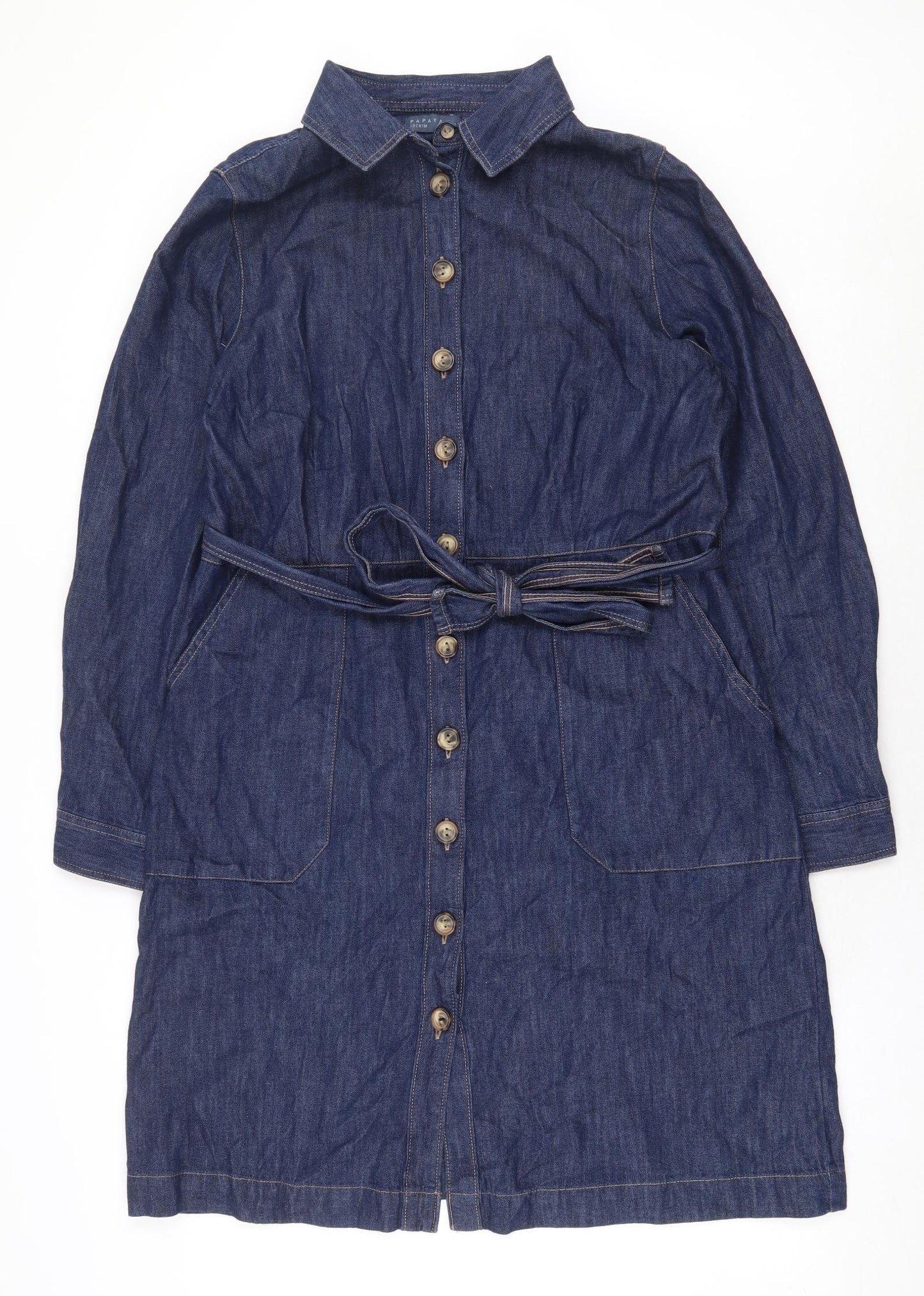 Papaya Womens Blue 100% Cotton Shirt Dress Size 16 Collared Button