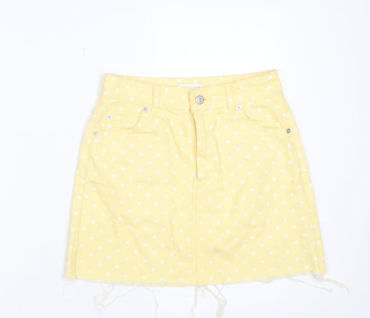 Topshop Womens Yellow Polka Dot Cotton A-Line Skirt Size 8 Button