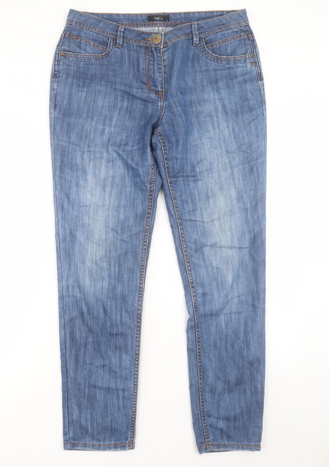 M&Co Womens Blue Cotton Straight Jeans Size 12 L29 in Regular Button