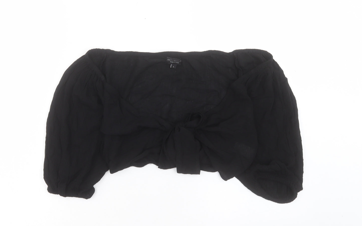 South Beach Womens Black Viscose Kimono Blouse Size L V-Neck - Crop Tie Front