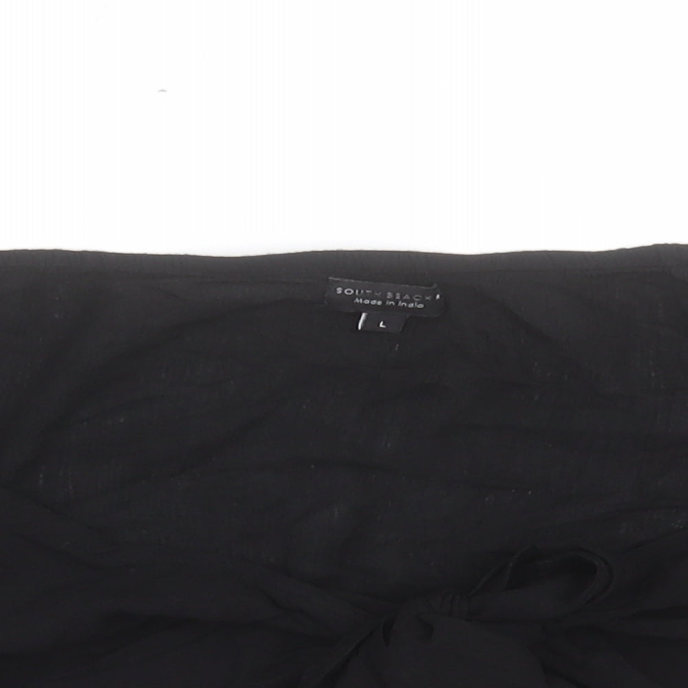 South Beach Womens Black Viscose Kimono Blouse Size L V-Neck - Crop Tie Front