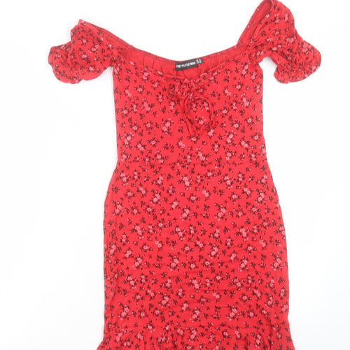 PRETTYLITTLETHING Womens Red Floral Viscose Bodycon Size 10 Off the Shoulder Pullover