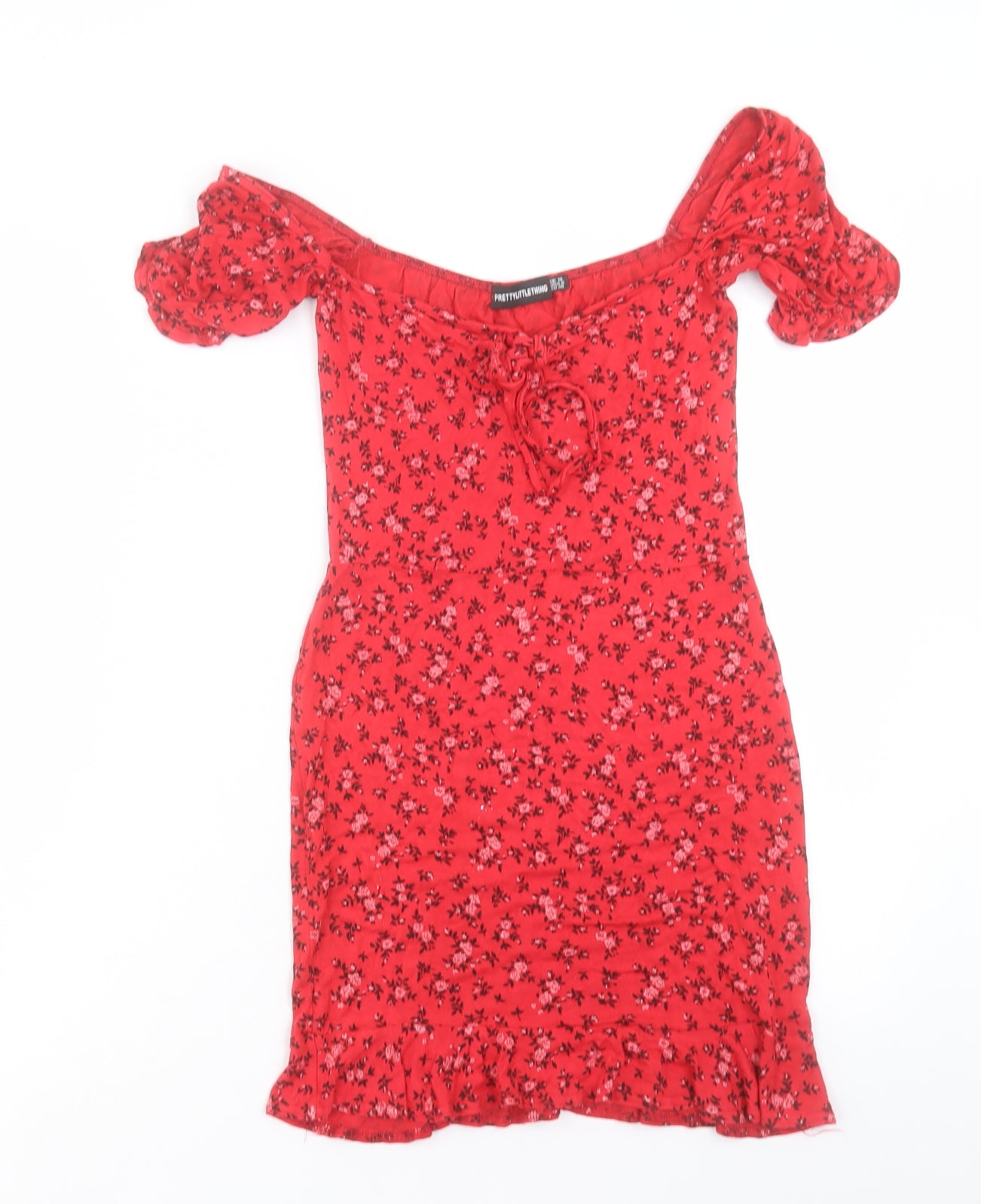PRETTYLITTLETHING Womens Red Floral Viscose Bodycon Size 10 Off the Shoulder Pullover