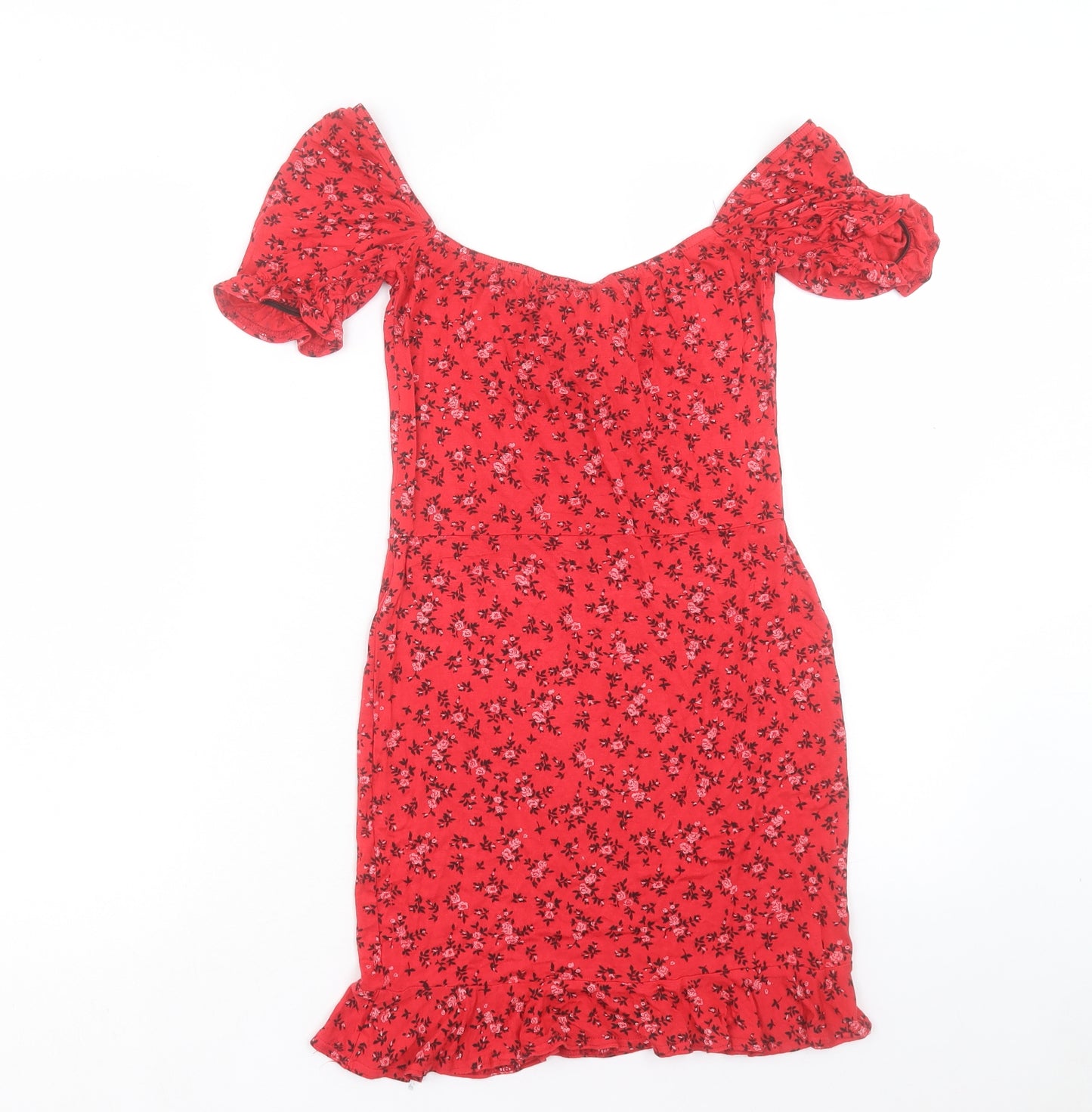 PRETTYLITTLETHING Womens Red Floral Viscose Bodycon Size 10 Off the Shoulder Pullover