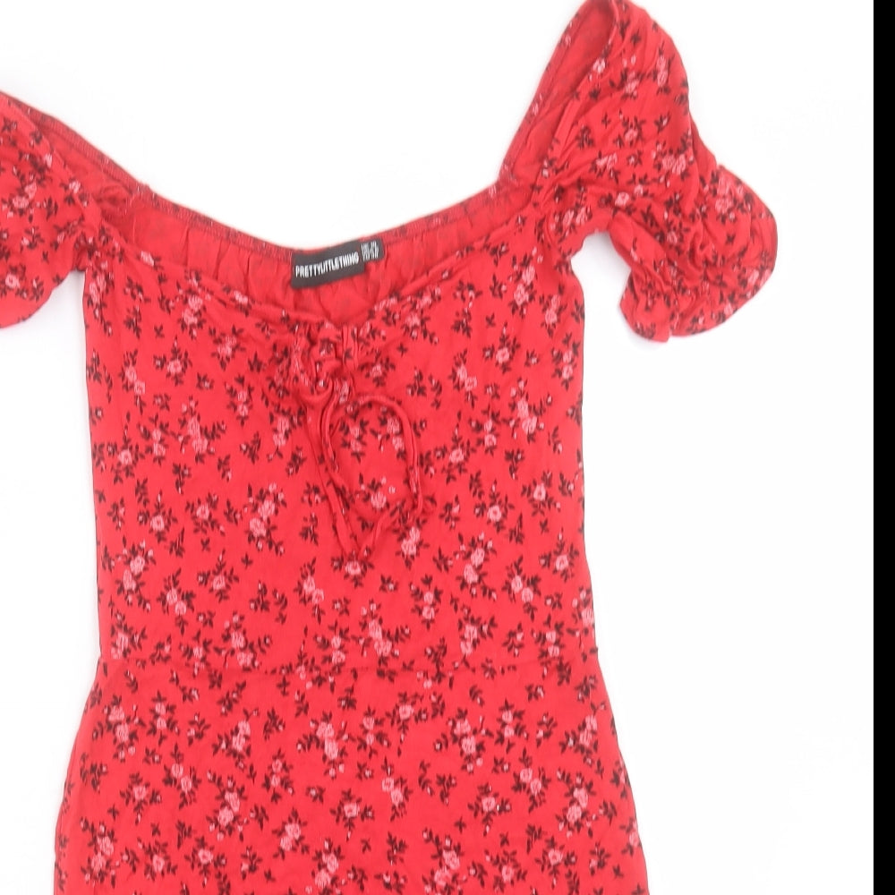 PRETTYLITTLETHING Womens Red Floral Viscose Bodycon Size 10 Off the Shoulder Pullover