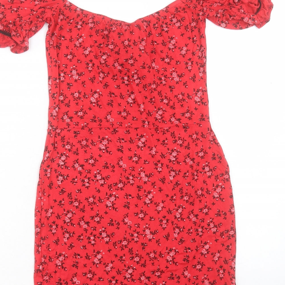 PRETTYLITTLETHING Womens Red Floral Viscose Bodycon Size 10 Off the Shoulder Pullover