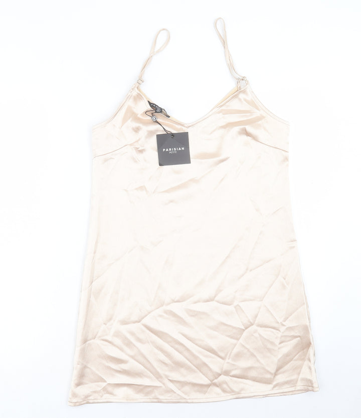 PARISIAN SIGNATURE Womens Gold Polyester Slip Dress Size 10 V-Neck Pullover