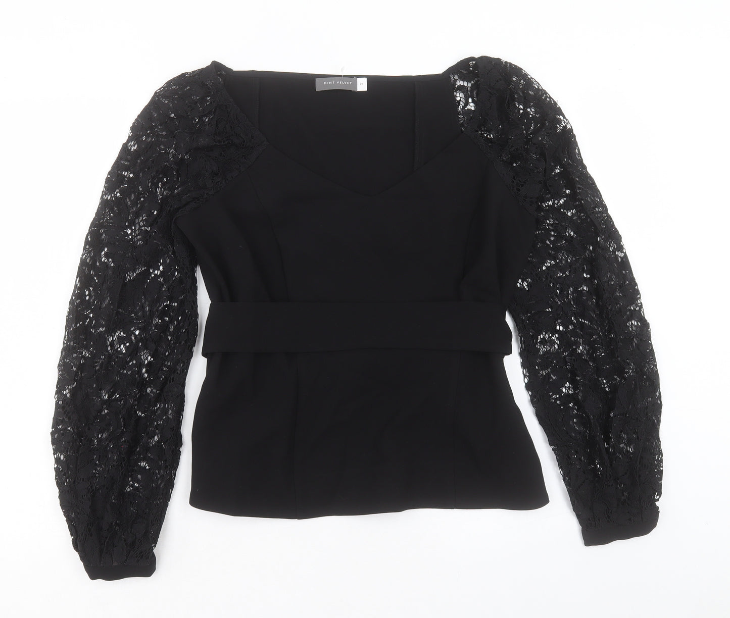 Mint Velvet Womens Black Polyester Basic T-Shirt Size 12 V-Neck - Lace Sleeves