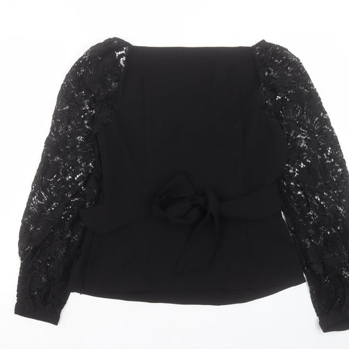 Mint Velvet Womens Black Polyester Basic T-Shirt Size 12 V-Neck - Lace Sleeves